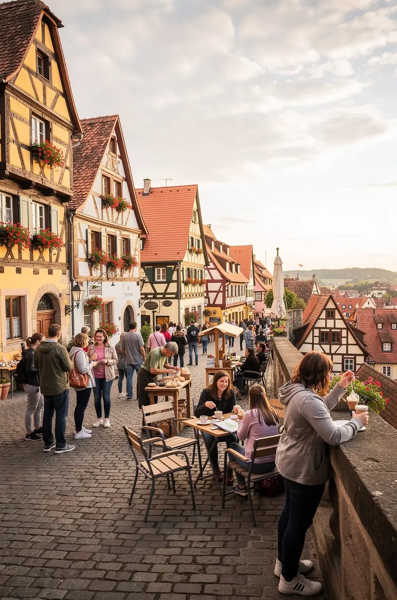 Blick auf einen belebten Wochenmarkt in Deutschland mit frischem Obst, Gemüse und regionalen Spezialitäten. Traditionelle deutsche Bäckerei mit einer Auswahl an handgefertigten Broten und Gebäck vor einem rustikalen Holzregal. Innenansicht einer Brauerei mit Kupferkesseln, Braumeistern bei der Arbeit und Verkostung regionaler Biere. Gemütliches, traditionelles deutsches Restaurant mit gedecktem Tisch, lokalen Gerichten und einladendem Ambiente. Reisende beim Probieren von regionalen Speisen an einem Marktstand mit authentischen, hausgemachten Spezialitäten.