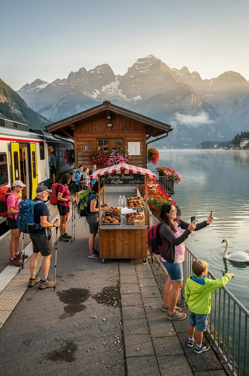Blick auf einen belebten Wochenmarkt in Deutschland mit frischem Obst, Gemüse und regionalen Spezialitäten. Traditionelle deutsche Bäckerei mit einer Auswahl an handgefertigten Broten und Gebäck vor einem rustikalen Holzregal. Innenansicht einer Brauerei mit Kupferkesseln, Braumeistern bei der Arbeit und Verkostung regionaler Biere. Gemütliches, traditionelles deutsches Restaurant mit gedecktem Tisch, lokalen Gerichten und einladendem Ambiente. Reisende beim Probieren von regionalen Speisen an einem Marktstand mit authentischen, hausgemachten Spezialitäten.